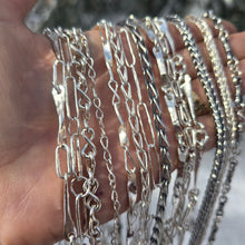 Load image into Gallery viewer, sterling silver shiny and oxidized chains shown on hand angled