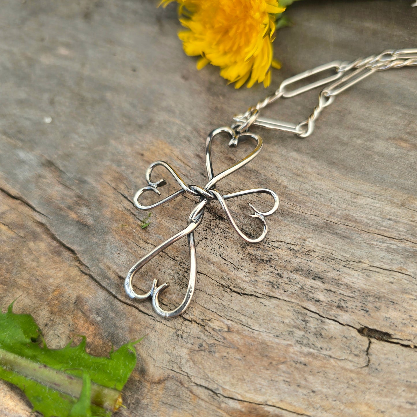 Heart Tipped Hand-Forged Sterling Silver Cross Pendant