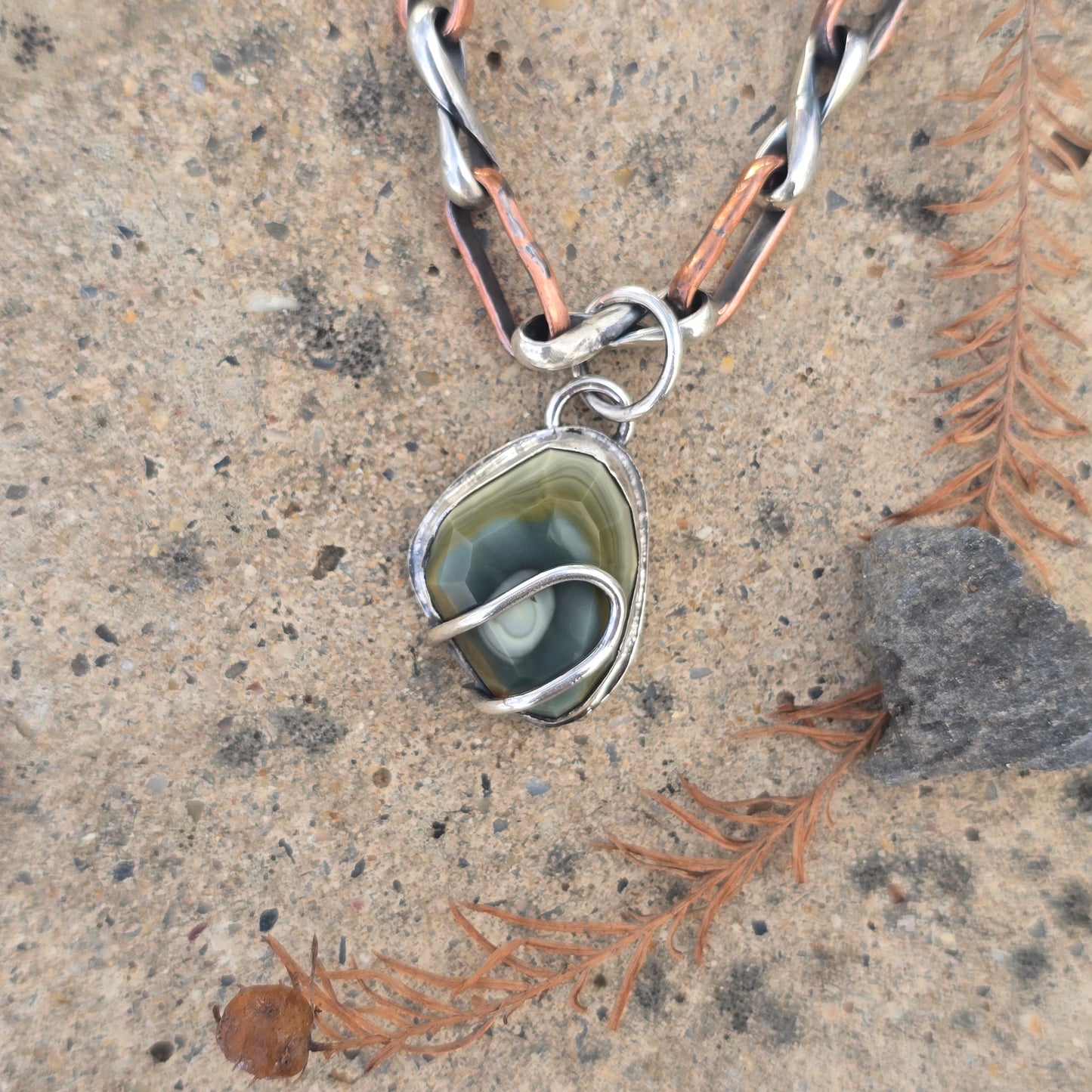 Faceted Green Imperial Jasper Pendant with Sculpted Faux Prong in Sterling Silver