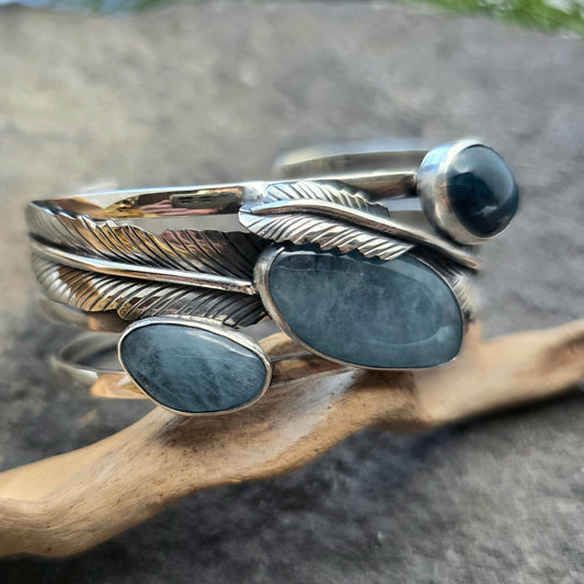 Feather Blues Statement Cuff in Sterling Silver