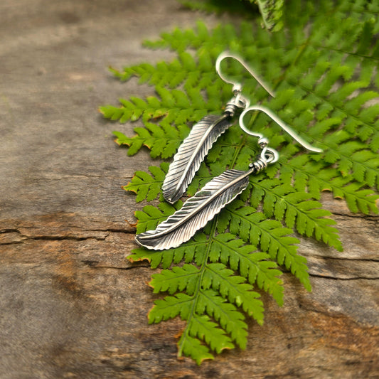 Hand-Forged Sterling Silver Feather Drop Earrings