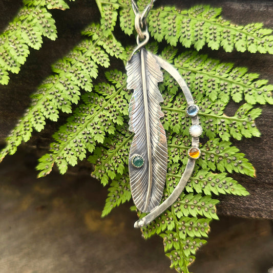 Multi-Stone Feather Hand-Forged Sterling Silver Pendant