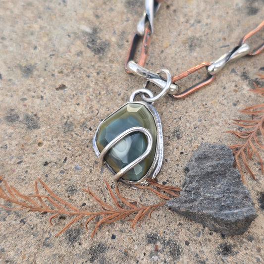 Faceted Green Imperial Jasper Pendant with Sculpted Faux Prong in Sterling Silver
