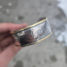 Load image into Gallery viewer, Sterling silver hammered cuff with brass perimeter side view