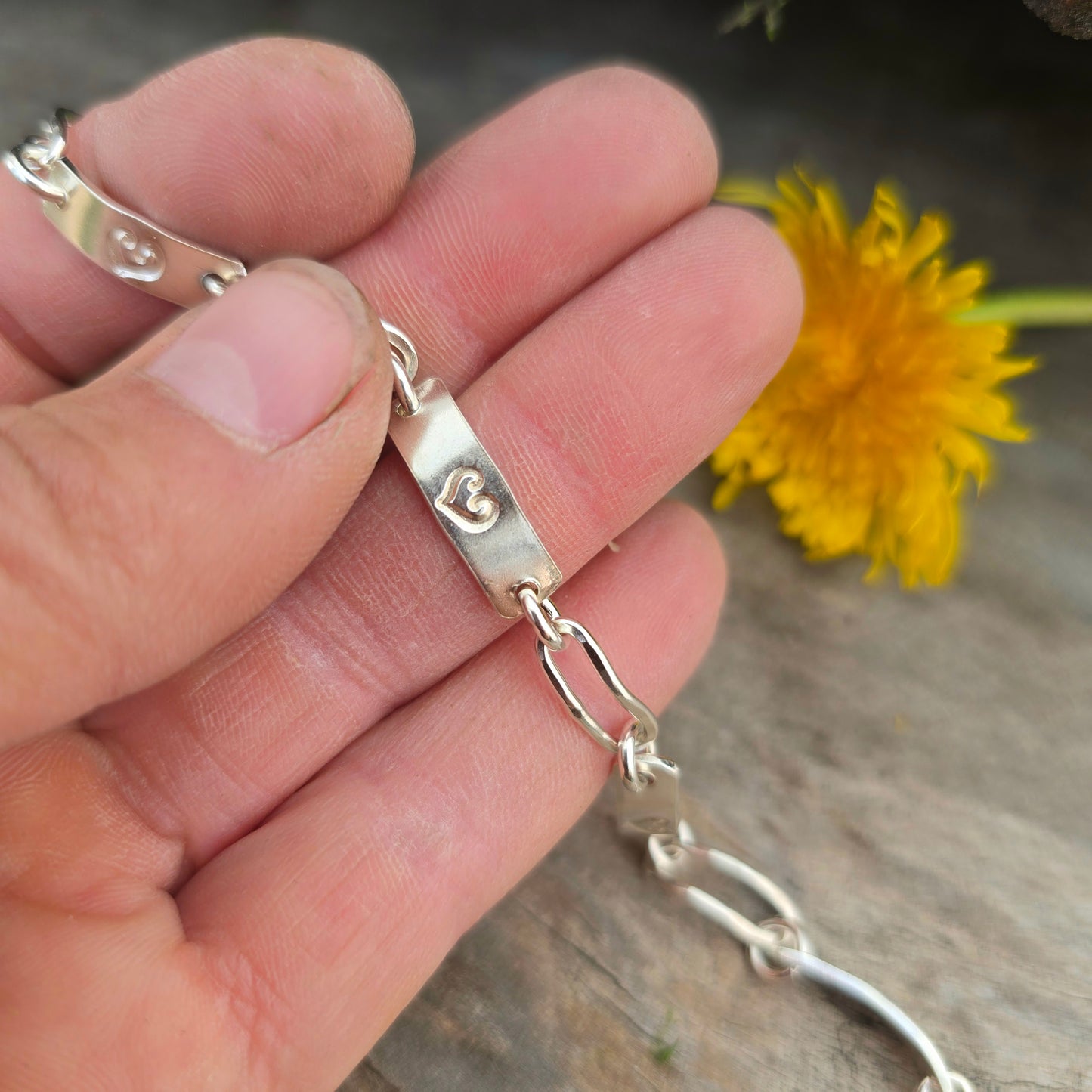 Heart Stamped Hand-Forged Sterling Silver Bar Bracelet