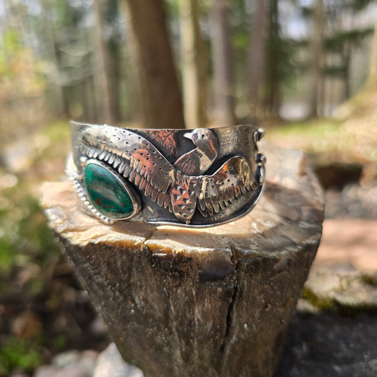 One-of-a-Kind Hand-Forged Sterling Silver Loon Cuff Bracelet with Green Azurite