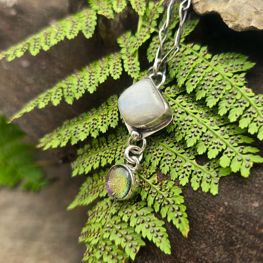 Moonstone & Pink Dichroic Hand-Forged Sterling Silver Pendant