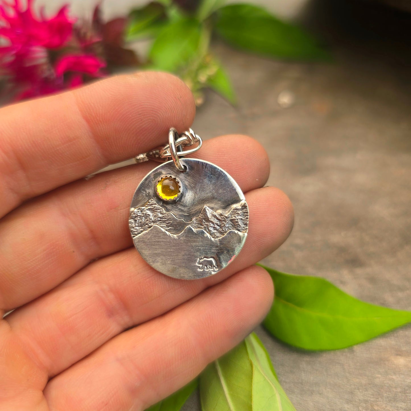 Wandering Bear Mountain Scene Hand-Forged Sterling Silver Pendant