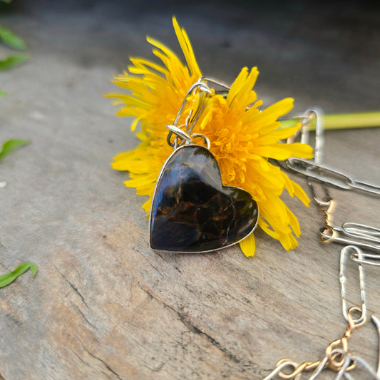 Stormy Pietersite Heart Hand-Forged Sterling Silver Pendant