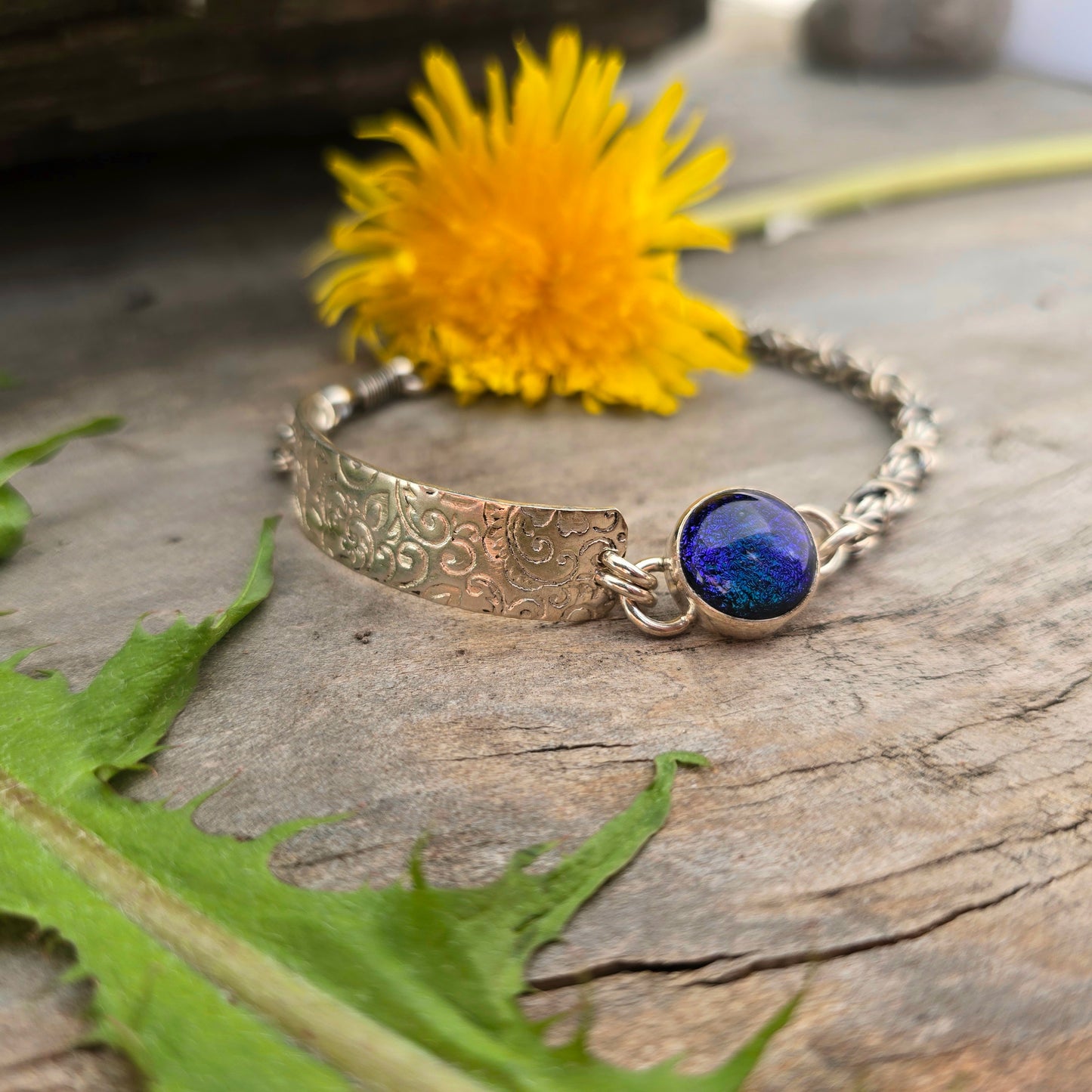 Hand-Forged Purple Dichroic Byzantine Sterling Silver Bracelet