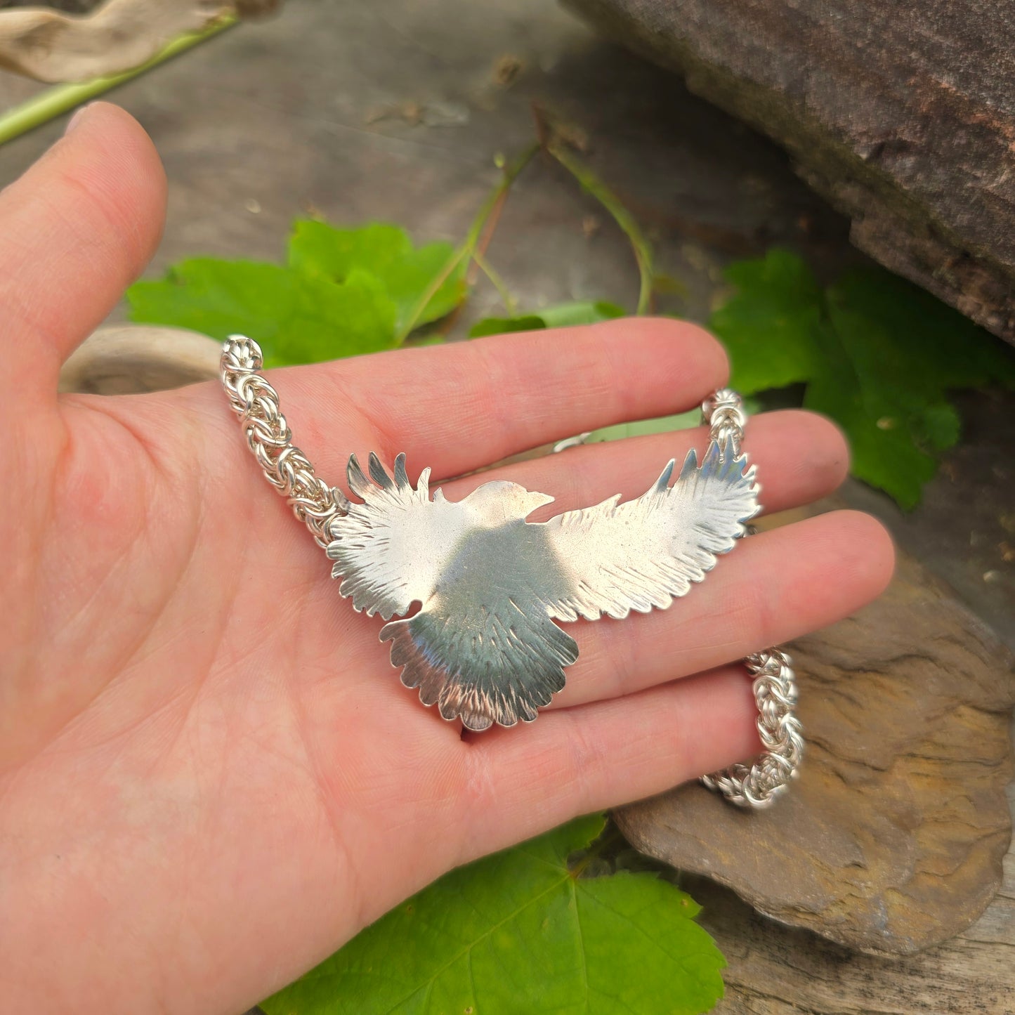 Raven in Flight Byzantine Necklace — Hand-Forged Sterling Silver Masterwork