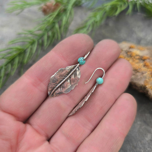 Aspen Leaf and Turquoise Hand-Forged Sterling Silver Threader Earrings