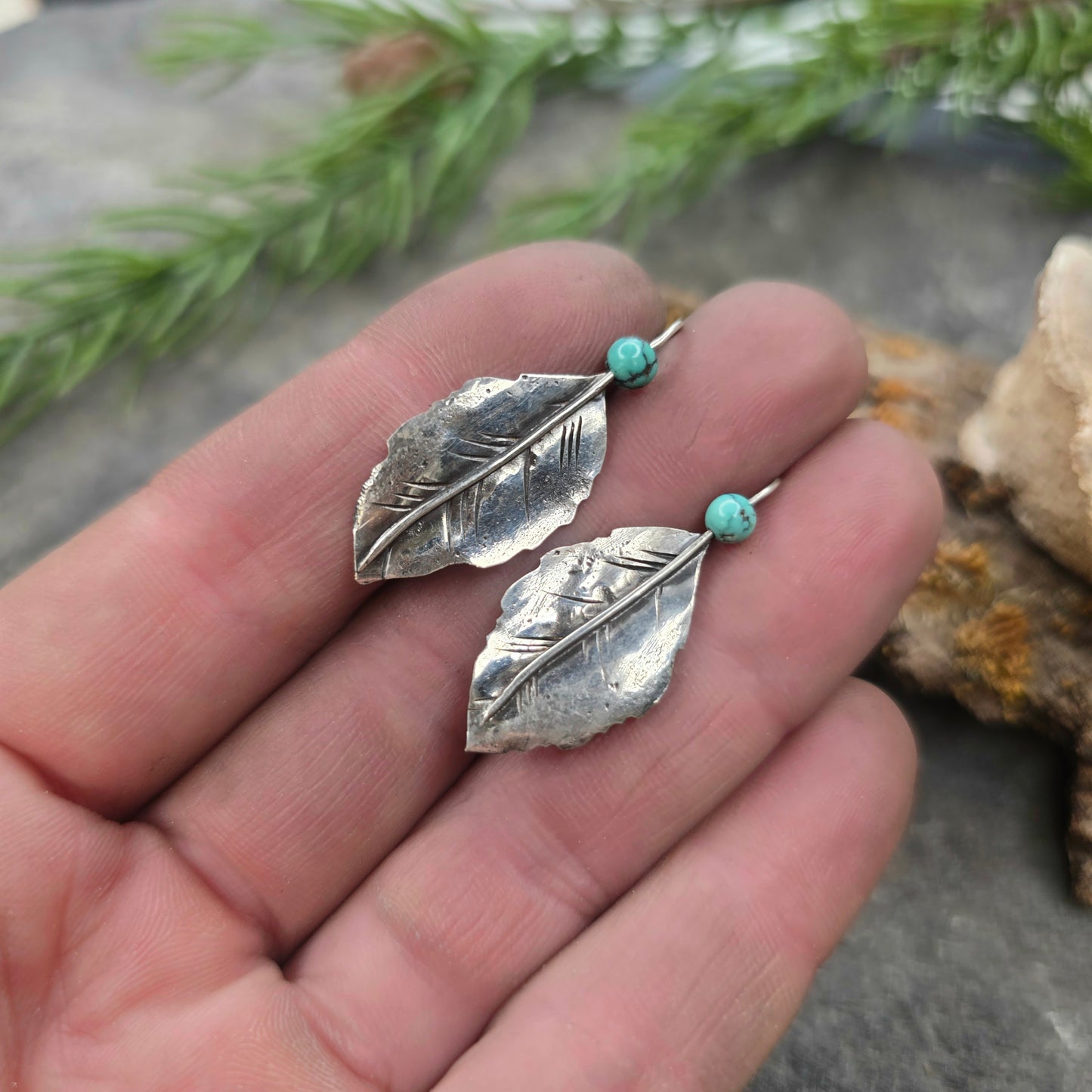 Aspen Leaf and Turquoise Hand-Forged Sterling Silver Threader Earrings