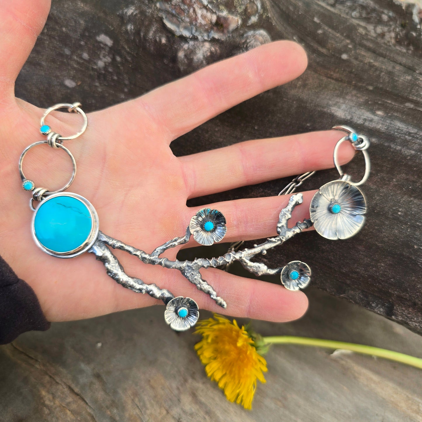 Hand-Forged Flowering Branch Statement Necklace — Turquoise Sterling Silver Masterwork