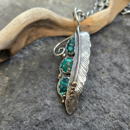 Triple Turquoise Feather Pendant (One of a Kind) — Approx. 3 in
