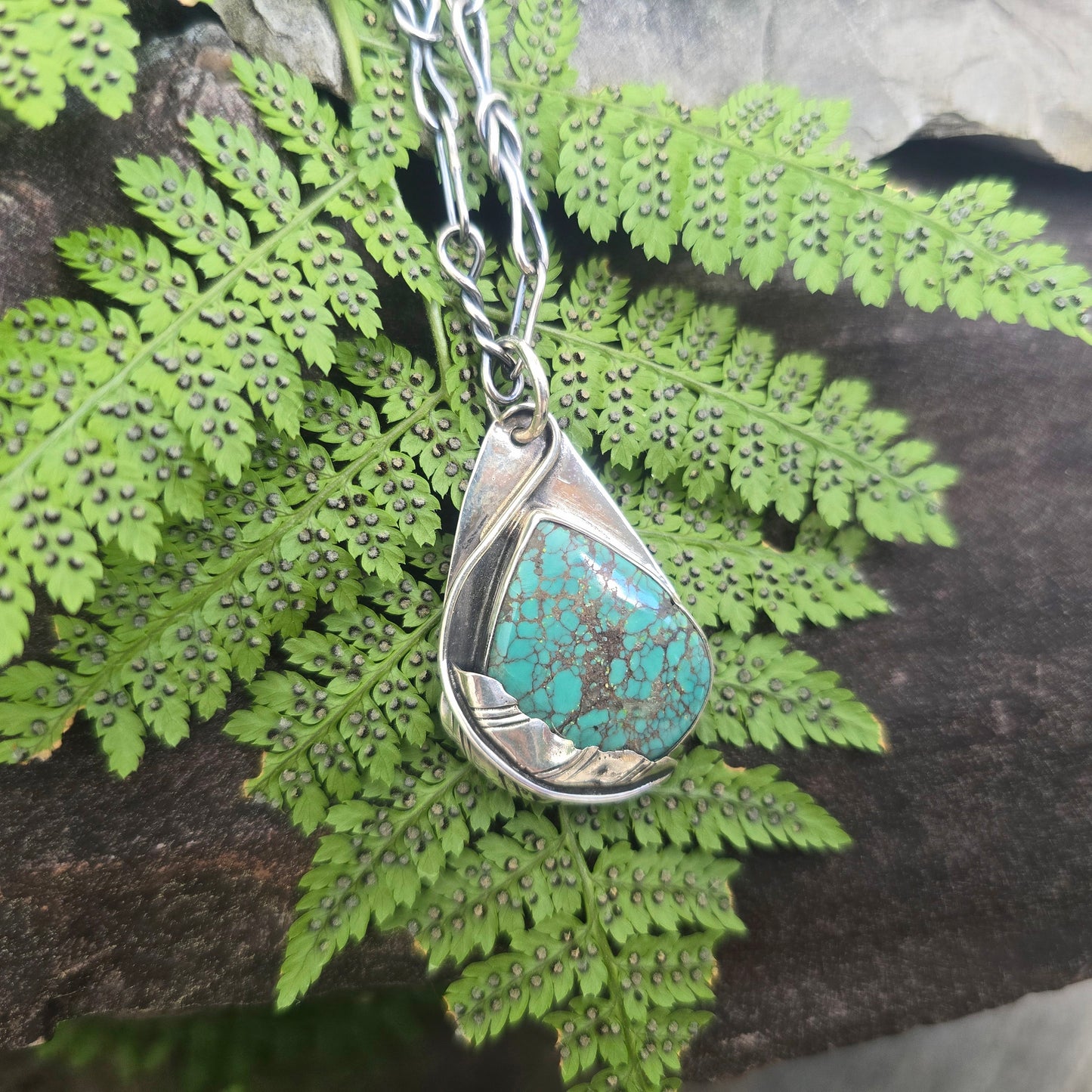 Raindrop Turquoise Feather Sterling Silver Pendant