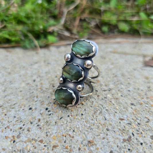 One-of-a-Kind Yellow-Green Flash Labradorite Triple Shank Ring — Signature Statement Form