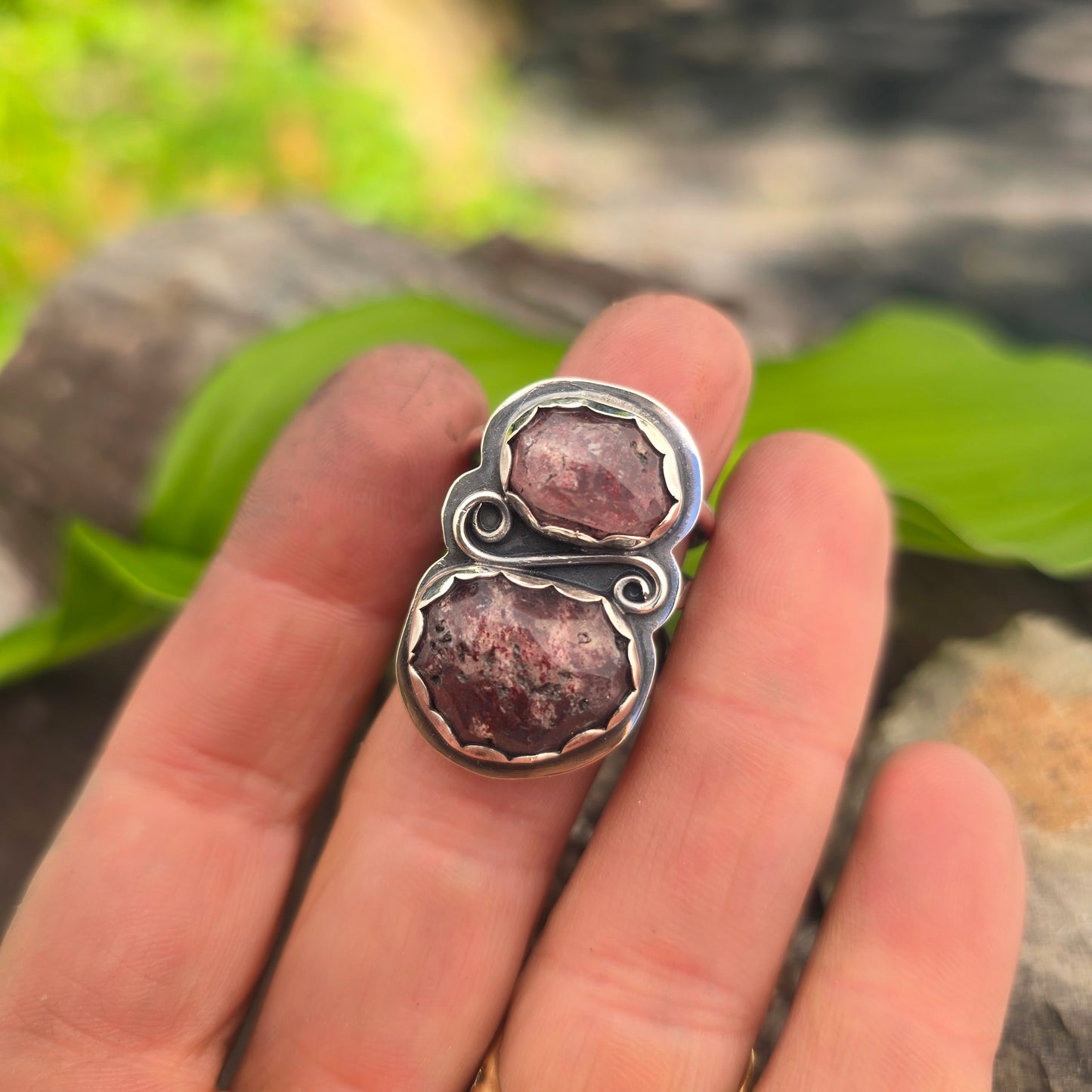 Strawberry Quartz Swirl Hand-Forged Sterling Silver Statement Ring
