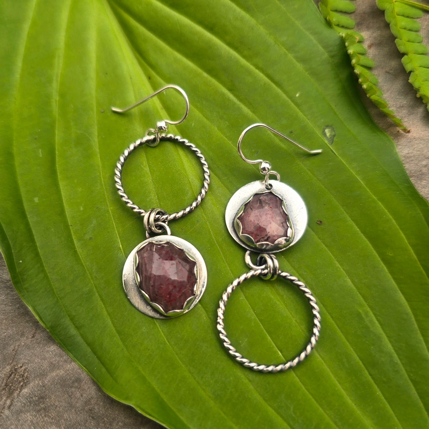Strawberry Quartz Hoop Hand-Forged Sterling Silver Earrings