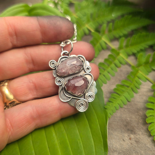 Strawberry Quartz Double Swirl Hand-Forged Sterling Silver Pendant