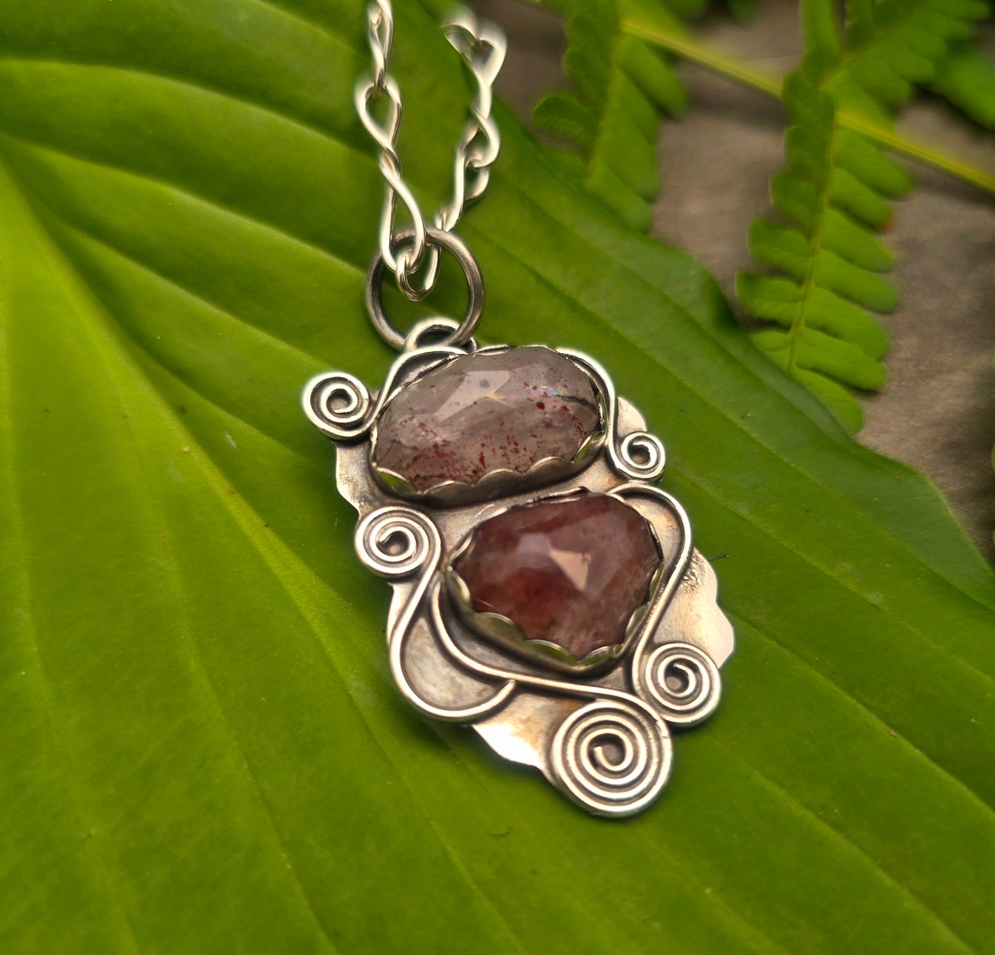 Strawberry Quartz Double Swirl Hand-Forged Sterling Silver Pendant