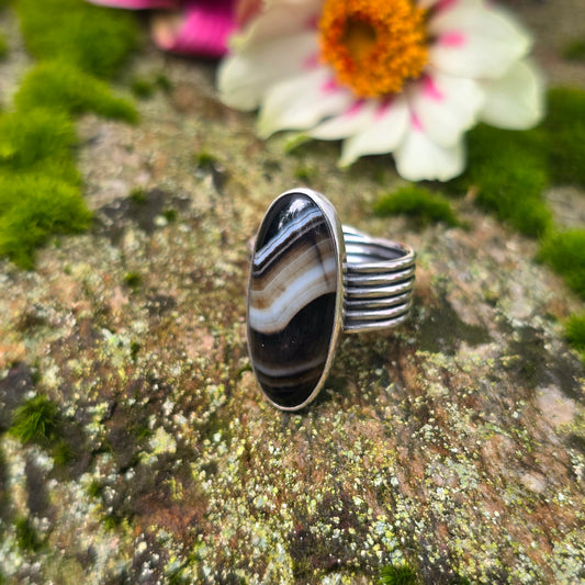 Striped Agate Six Band Hand-Forged Sterling Silver Ring