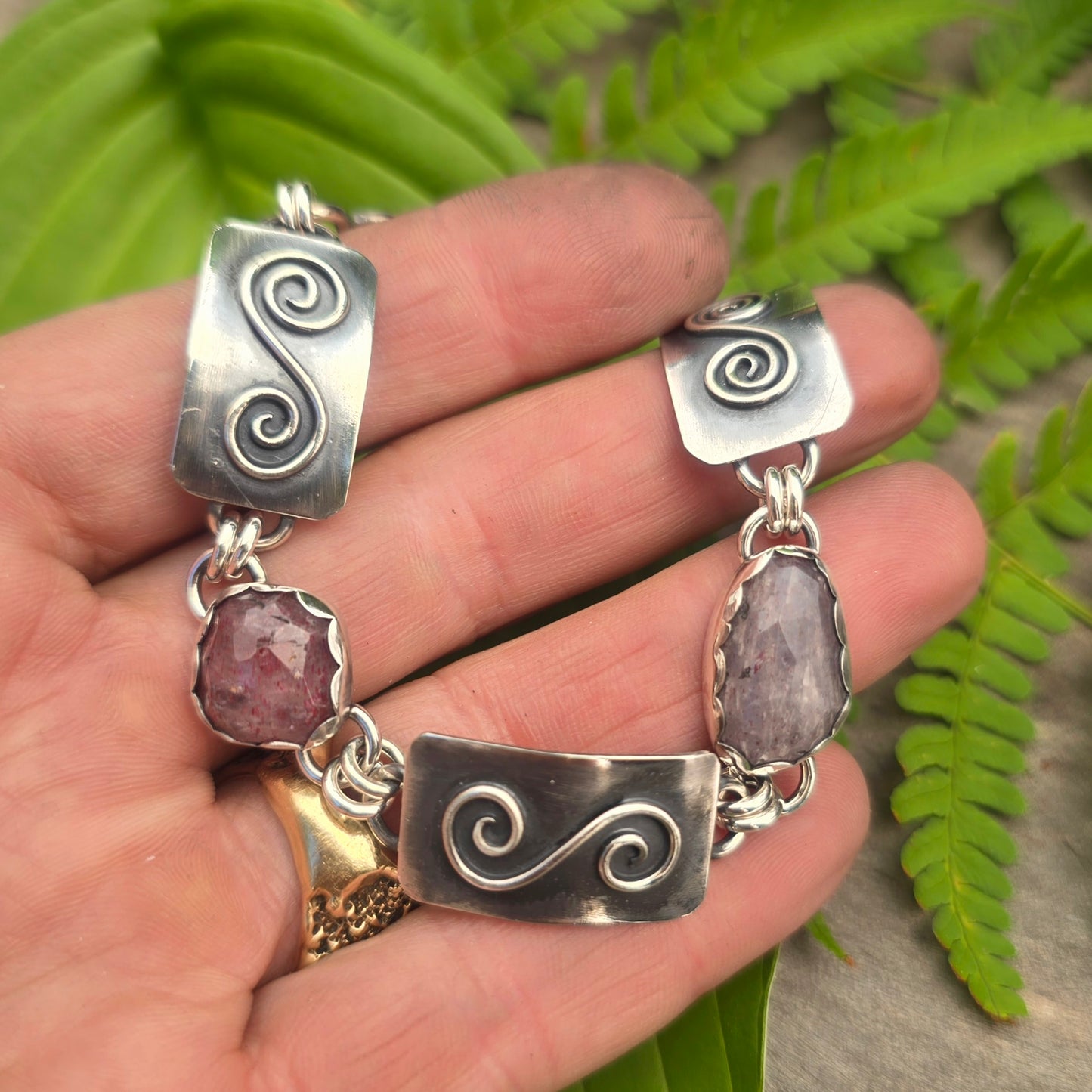 Strawberry Quartz Swirl Sterling Silver Bracelet