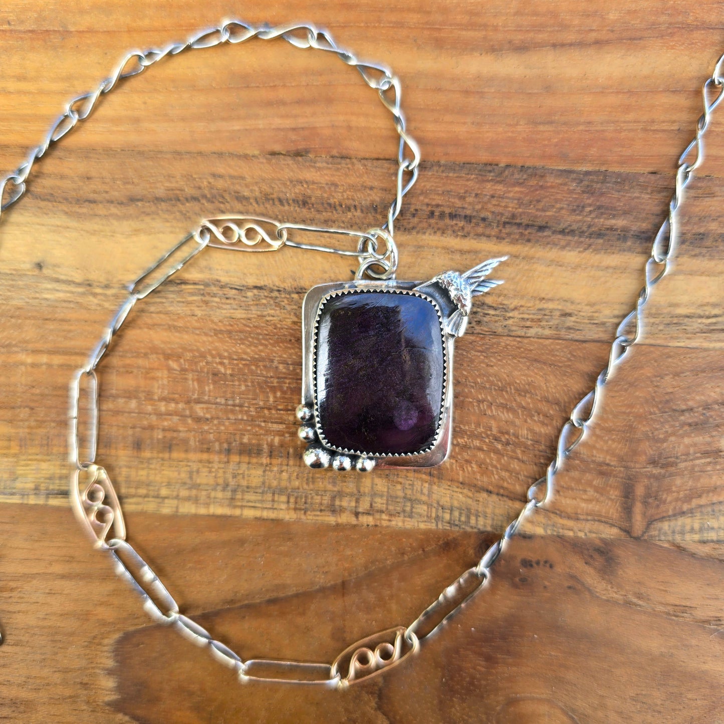 Sugilite Hummingbird Pendant — One-of-a-Kind Sterling Silver Statement