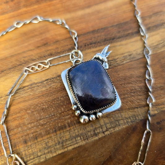 Sugilite Hummingbird Pendant — One-of-a-Kind Sterling Silver Statement