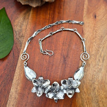 Load image into Gallery viewer, sterling silver necklace with three trillium flowers, leaf links, and heavy chain back