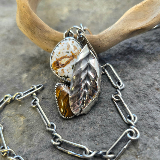 Ocean Jasper & Tiger Iron Leaf Sterling Silver Pendant