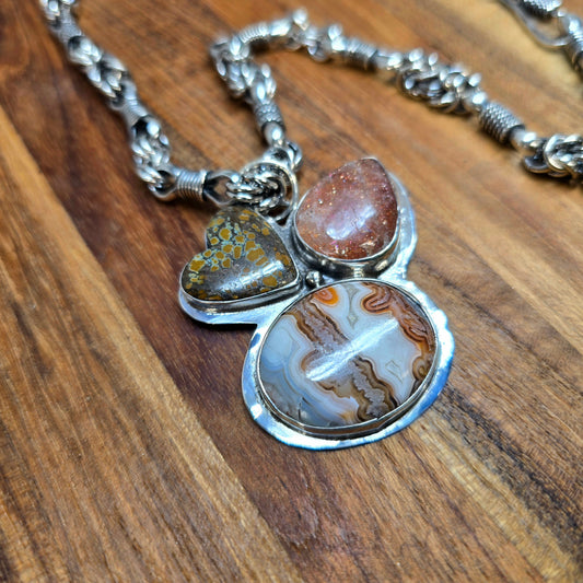 crazy lace agate turquoise sunstone triple pendant in sterling silver