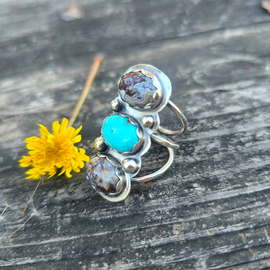 Turquoise & Crazy Lace Triple Stone Sterling Silver Statement Ring
