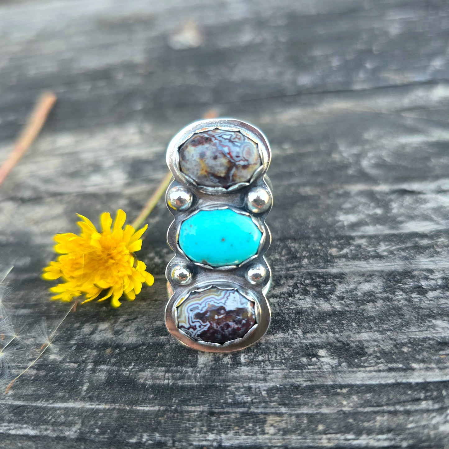 Turquoise & Crazy Lace Triple Stone Sterling Silver Statement Ring