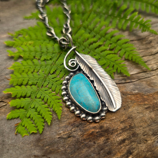 Turquoise & Feather Hand-Forged Sterling Silver Pendant