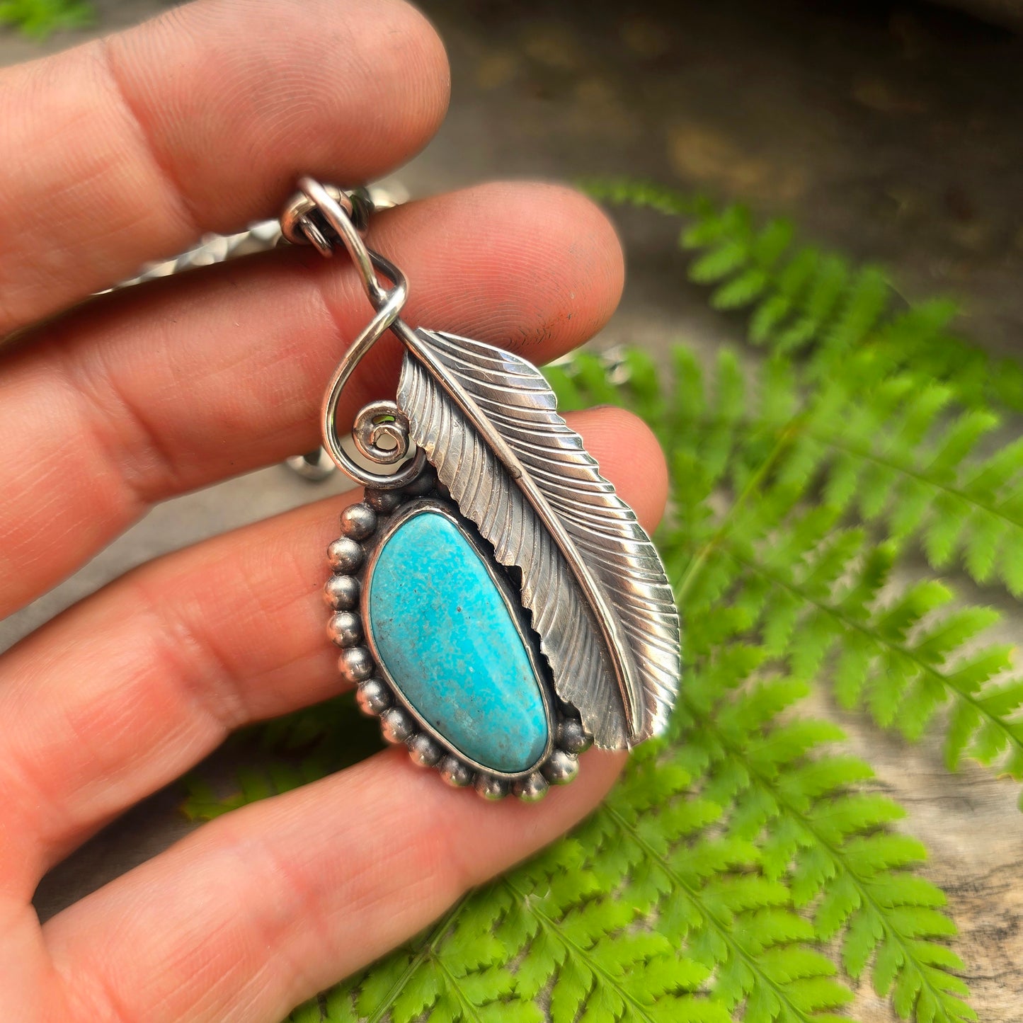 Turquoise & Feather Hand-Forged Sterling Silver Pendant