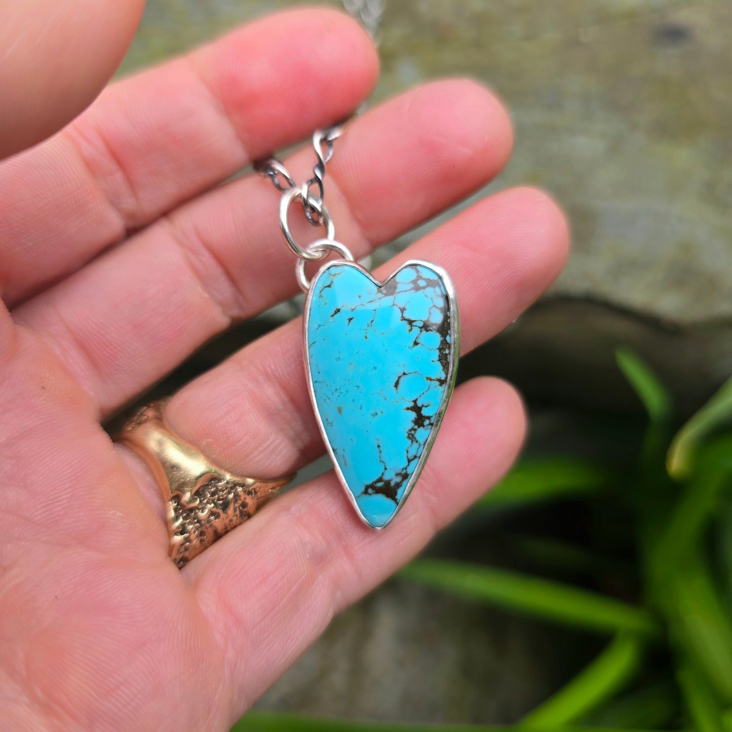 Turquoise Heart Hand-Forged Sterling Silver Pendant