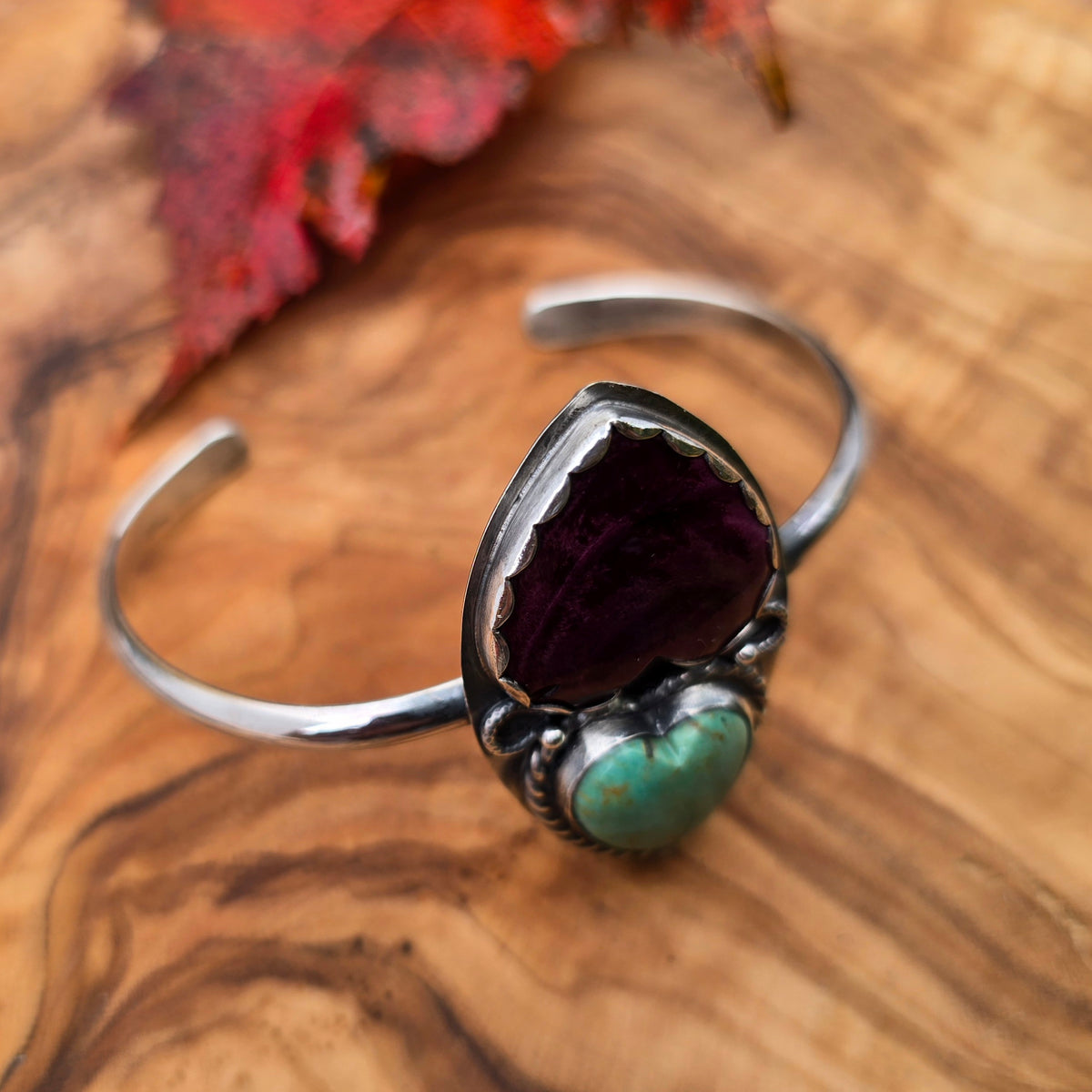 Turquoise & Purple Spiny Oyster Double Heart Sterling Silver Cuff