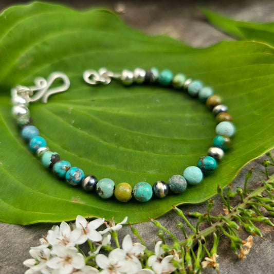 Turquoise & Oxidized Sterling Silver Beaded Bracelet