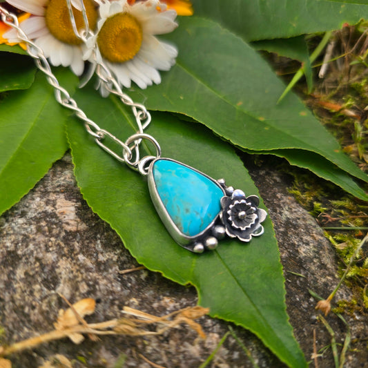 Turquoise & Flower Hand-Forged Sterling Silver Pendant