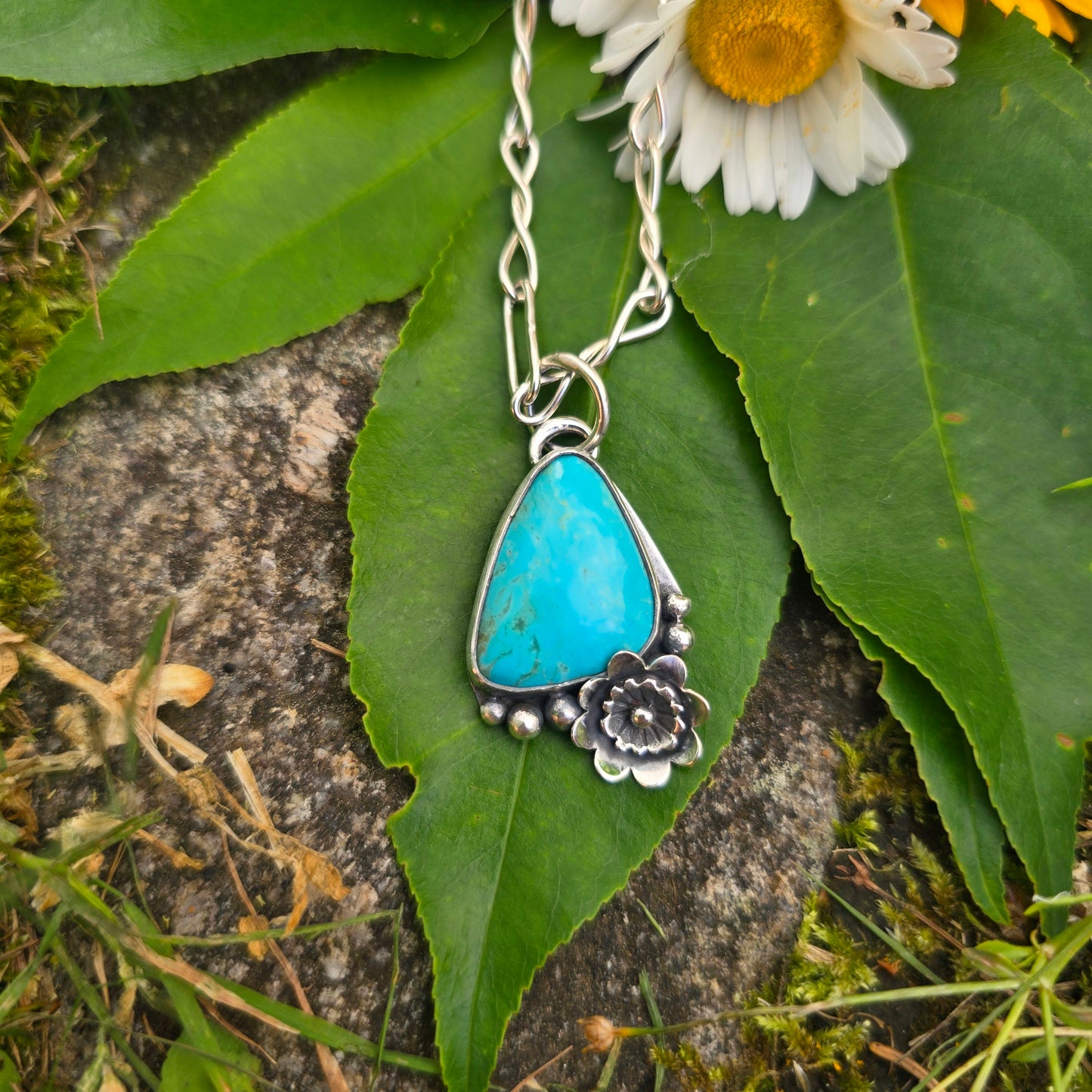 Turquoise & Flower Hand-Forged Sterling Silver Pendant