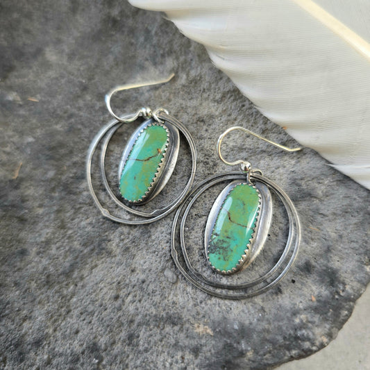 Hand-Forged Turquoise Swinging Hoop Sterling Silver Earrings