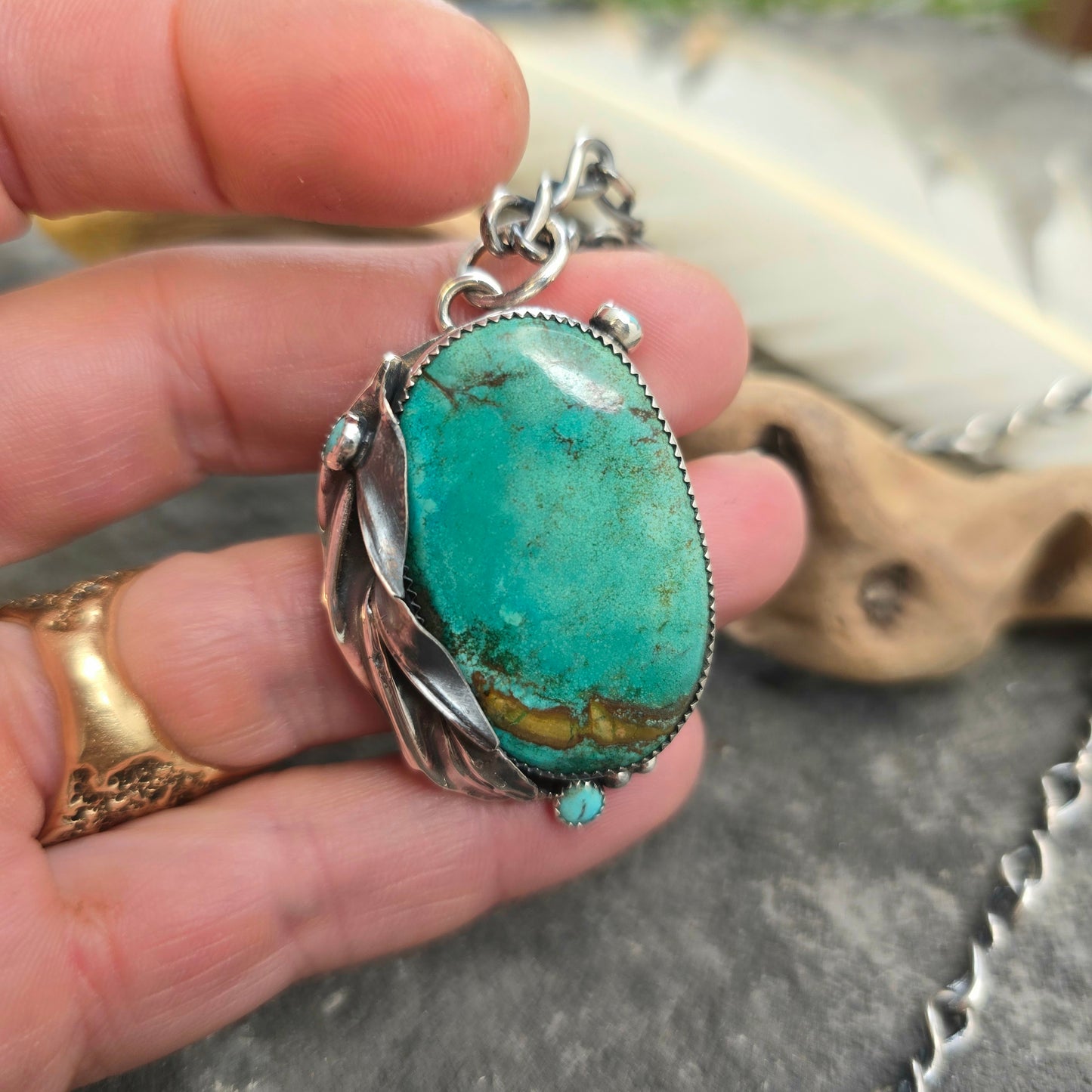 Hand-Forged Turquoise Leaf Sterling Silver Pendant