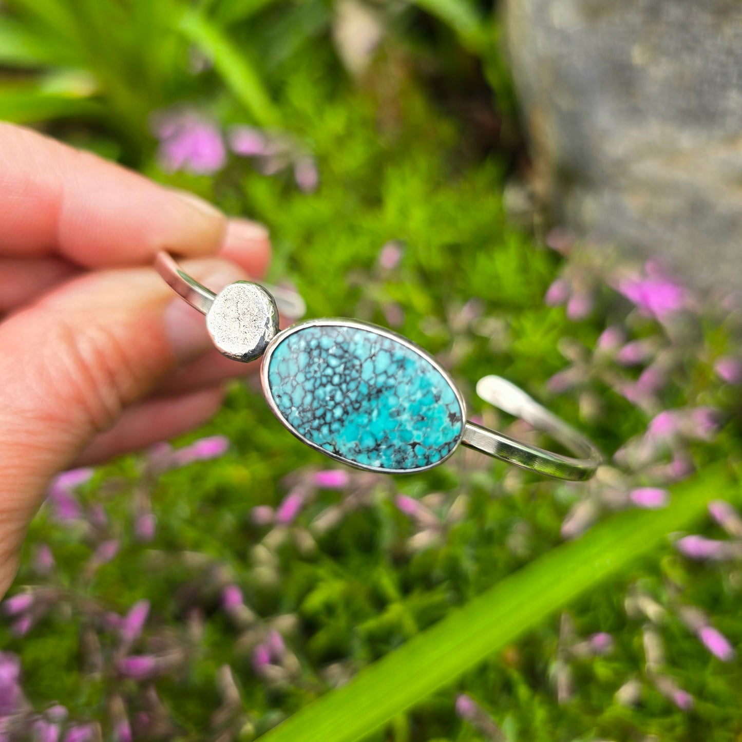 Turquoise River Rock Hand-Forged Sterling Silver Cuff Bracelet