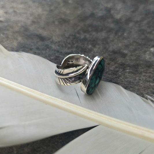 Hand-Forged Variscite Feather Sterling Silver Ring