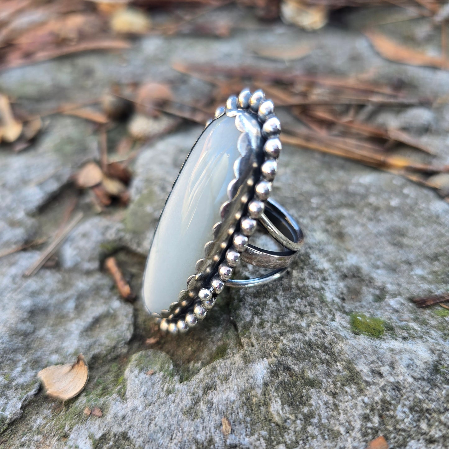 white moonstone and sterling silver beaded statement ring side view