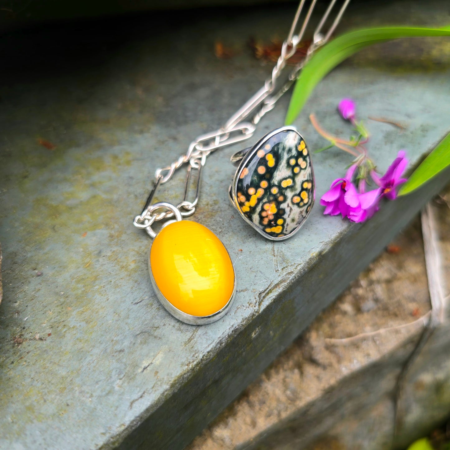 Dandelion Yellow Cat’s Eye Hand-Forged Sterling Silver Pendant