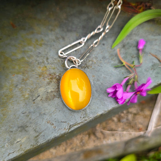 Dandelion Yellow Cat’s Eye Hand-Forged Sterling Silver Pendant
