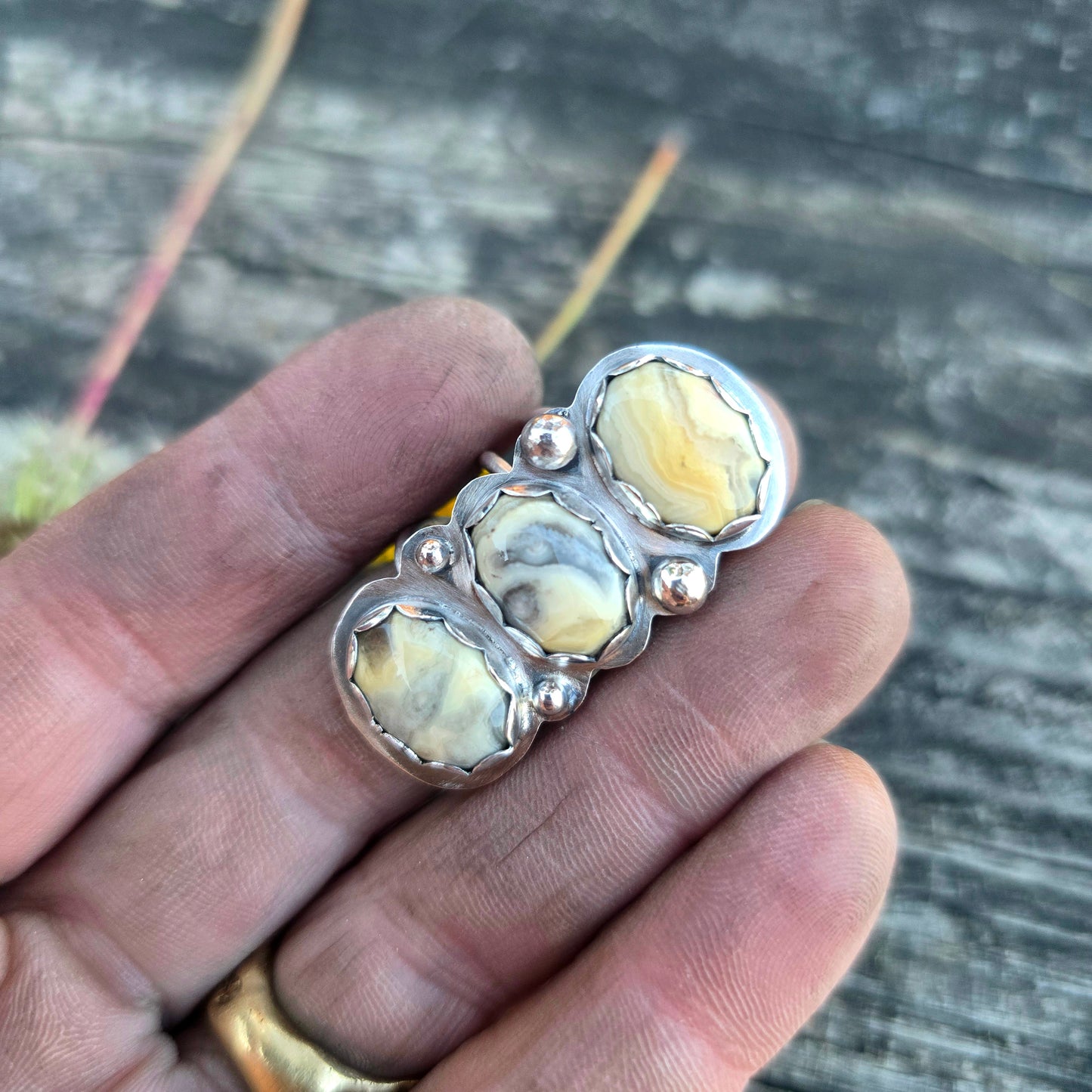 Crazy Lace Agate Triple Stone Sterling Silver Ring — Bench-Forged Statement Form