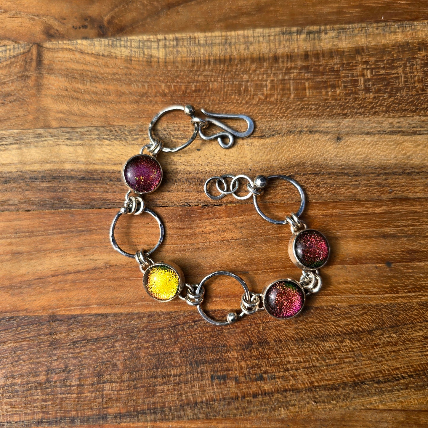 Dichroic Glass & Beaded Hoop Chain Link Bracelet — One-of-a-Kind Sterling Silver